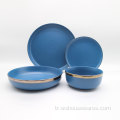 Yüksek Kaliteli 16 ADET Stoneware Mavi Renk Altın